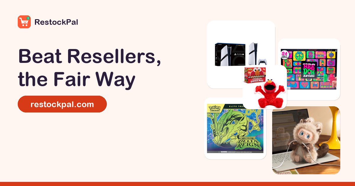 Photos of a PS5 Pro, NeeDoh advent calendar, Pokemon box, Labubu and Tickle Me Elmo under the headline Beat Resellers
