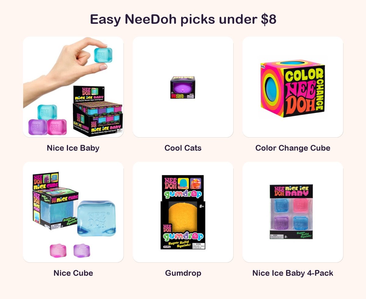 Photo grid of six NeeDoh squishy toys with list prices under $8