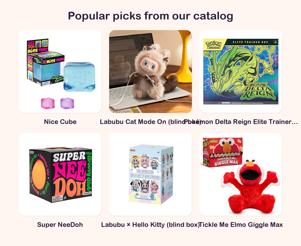 Photo grid of NeeDoh, Labubu, Pokemon ETB and Tickle Me Elmo product pages