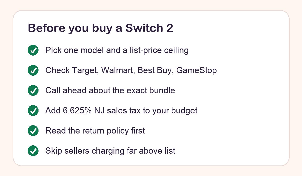 Checklist of steps to take before buying a Nintendo Switch 2 in New Jersey