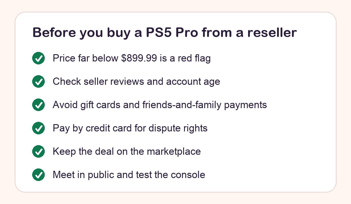Checklist of safety steps before buying a PS5 Pro from a reseller or marketplace seller